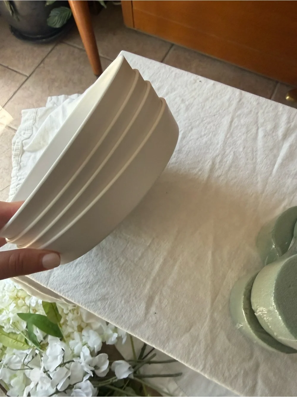 Wedding Supplies - White Table Cloth, Faux Florals, Floral Foam